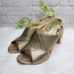 Stuart Weitzman Gold Peep Toe Cross Front Heels